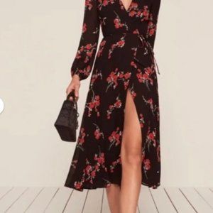 Reformation Nicole Floral Black Wrap Midi Dress size MP